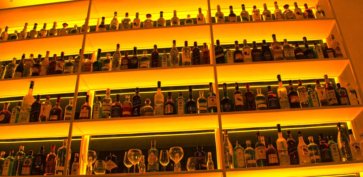 Backlit liquor shelves at Taboo