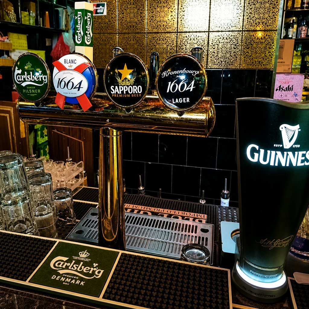 Bar counter with multiple beer taps displaying Carlsberg, Guinness, Sapporo and 1664 branded tap handles at Taboo
